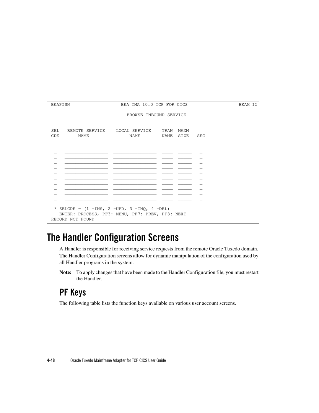 Oracle Audio Technologies Oracle Tuxedo manual Handler Configuration Screens, PF Keys 