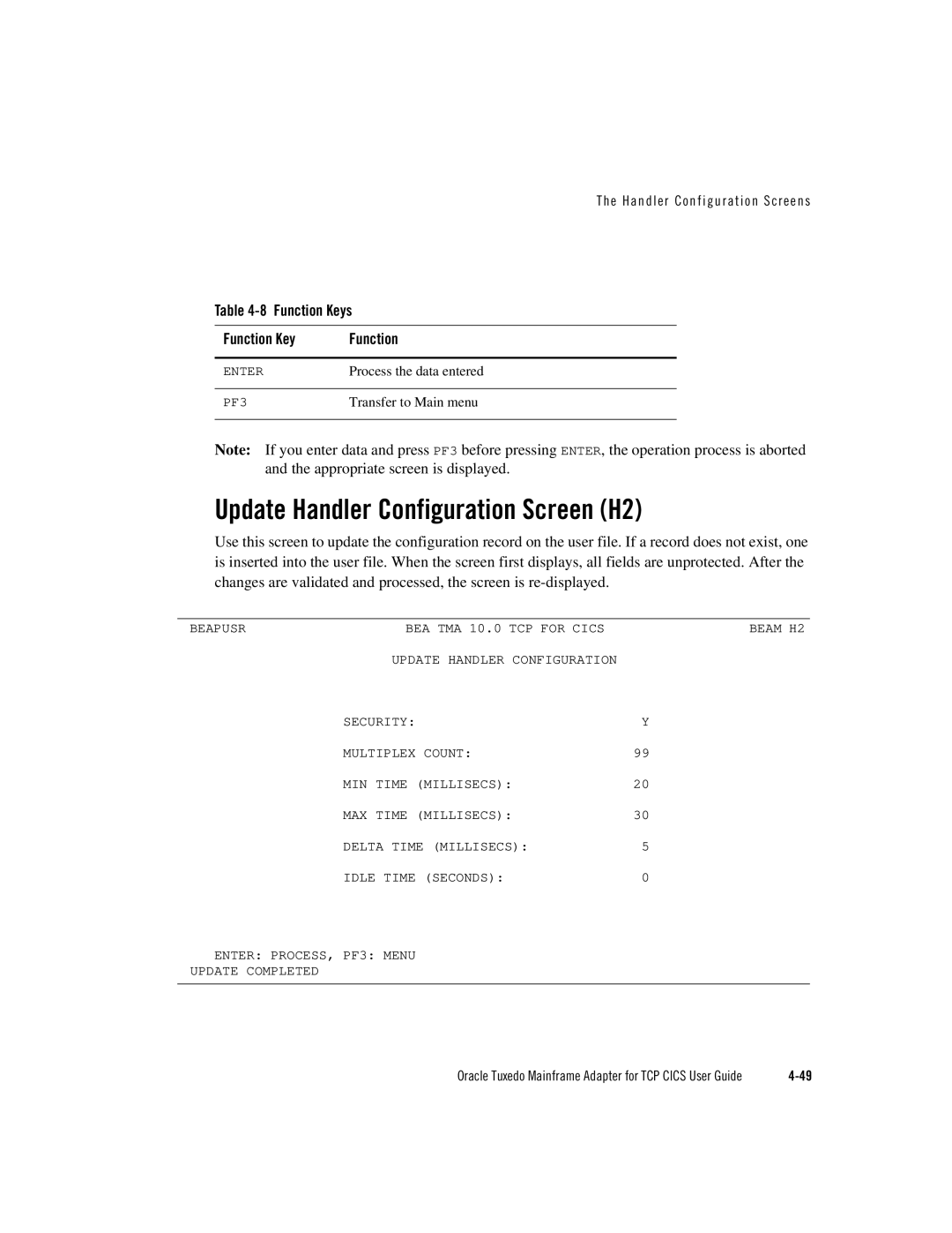 Oracle Audio Technologies Oracle Tuxedo manual Update Handler Configuration Screen H2, Function Keys 