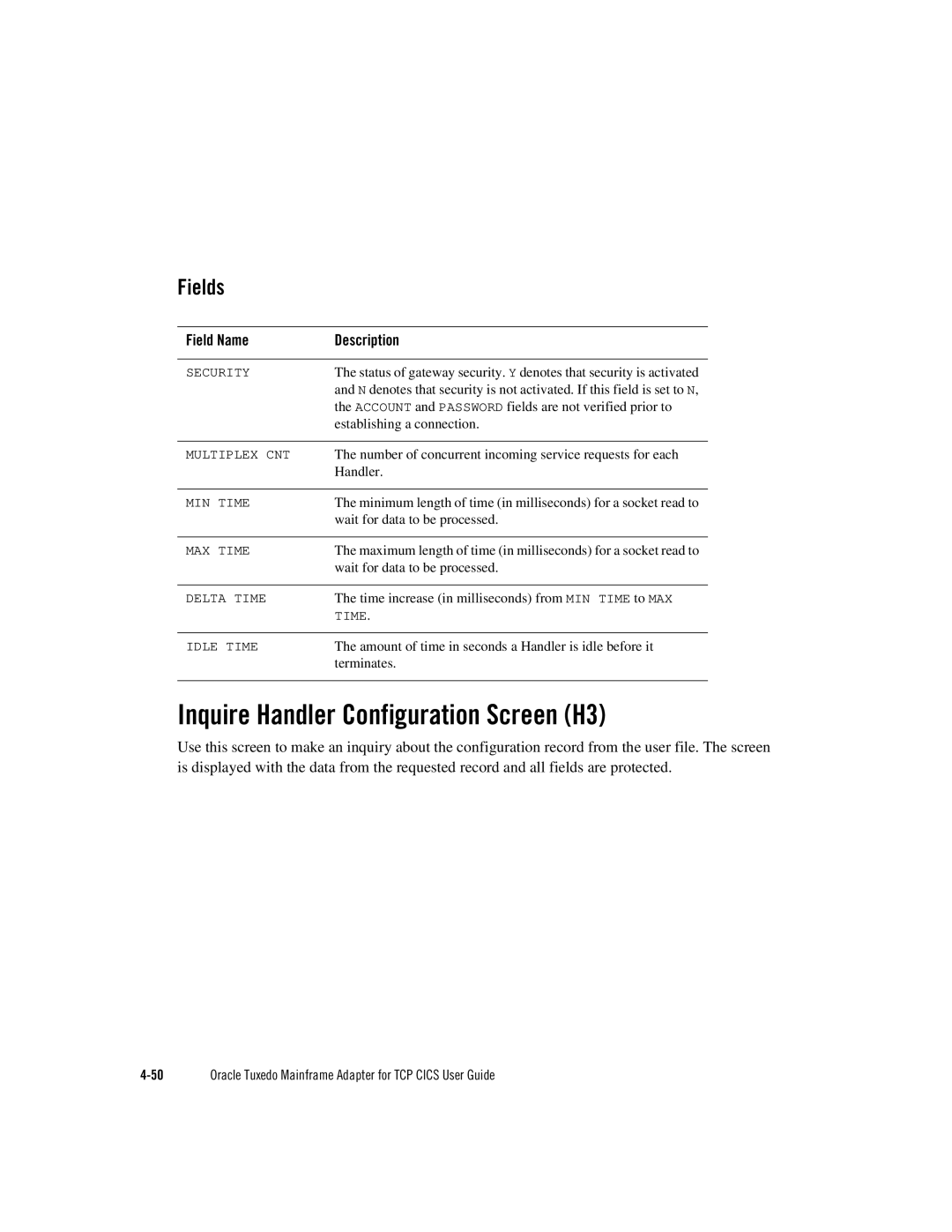 Oracle Audio Technologies Oracle Tuxedo manual Inquire Handler Configuration Screen H3, Field Name Description 