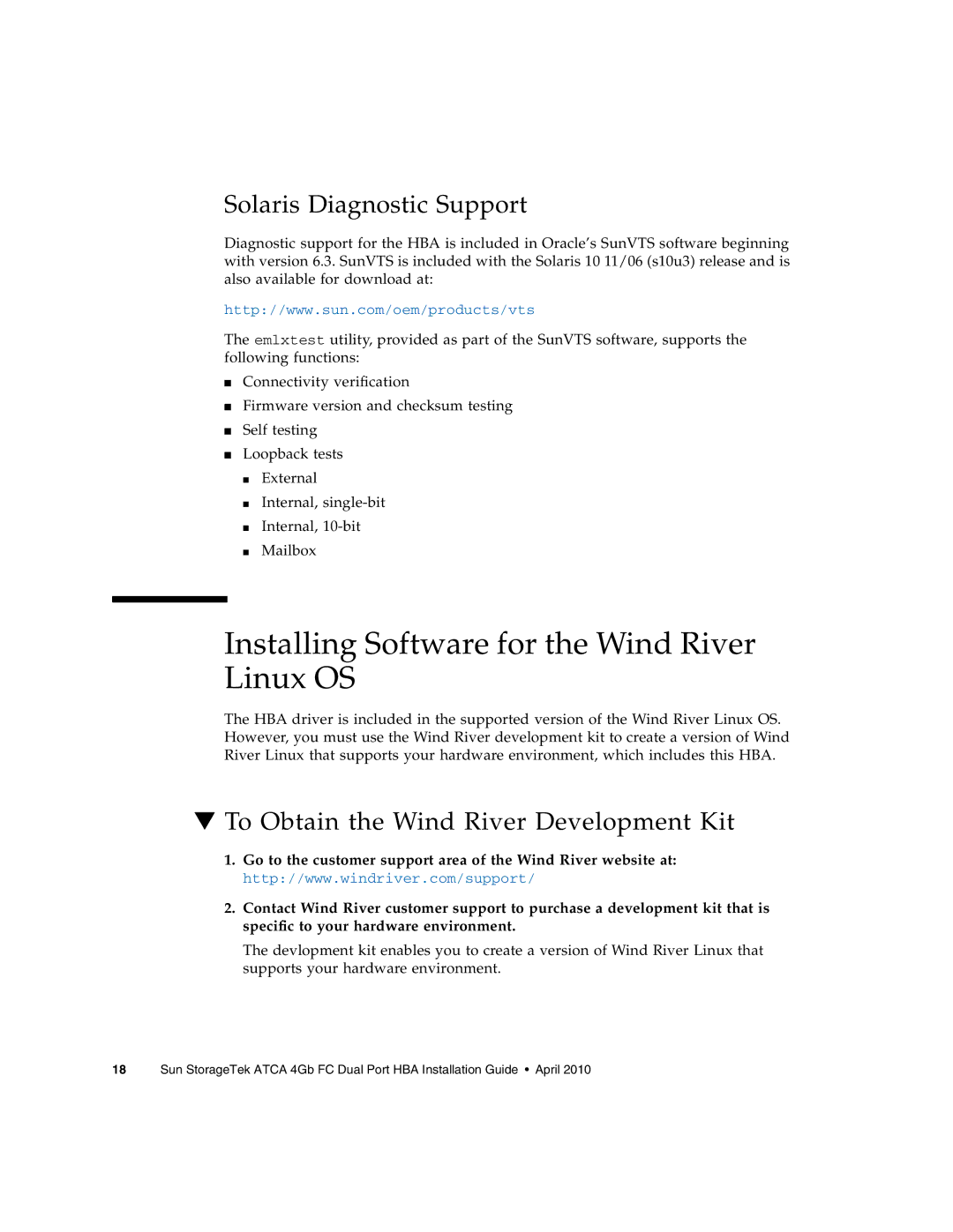 Oracle Audio Technologies SG-XPCIE2FC-ATCA-Z Installing Software for the Wind River Linux OS, Solaris Diagnostic Support 