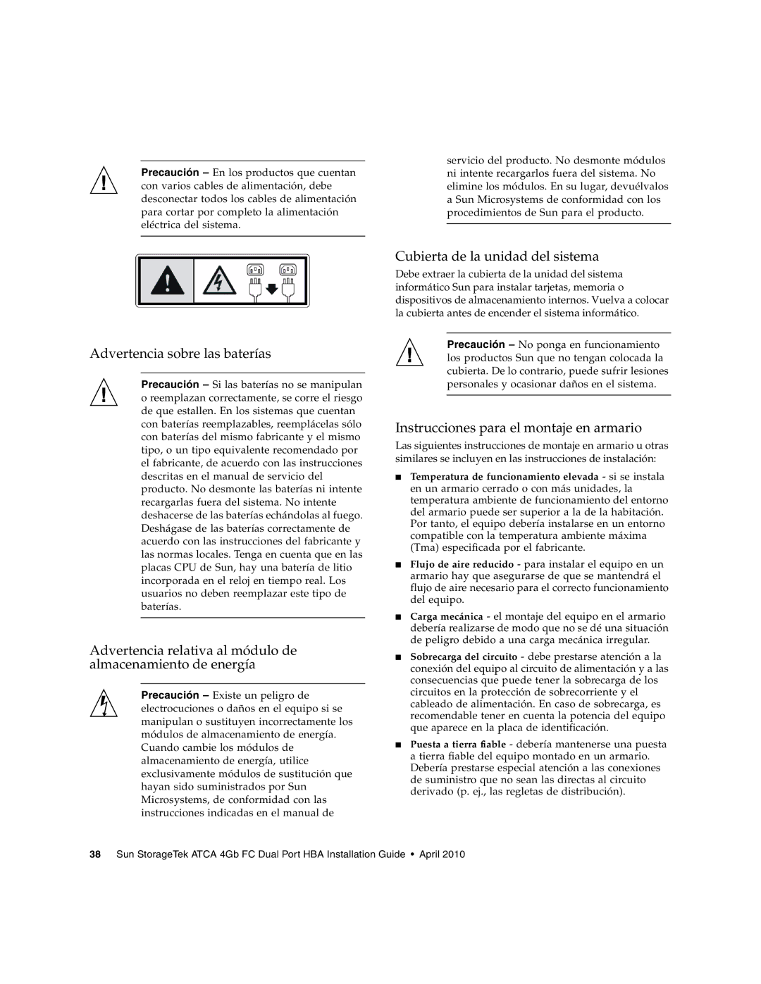 Oracle Audio Technologies SG-XPCIE2FC-ATCA-Z manual Advertencia sobre las baterías, Cubierta de la unidad del sistema 