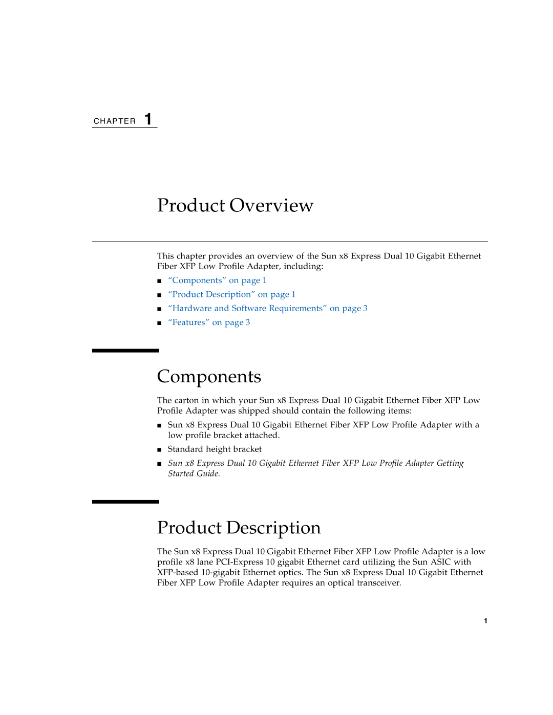 Oracle Audio Technologies SunDual 10GbE XFP manual Product Overview, Components, Product Description 