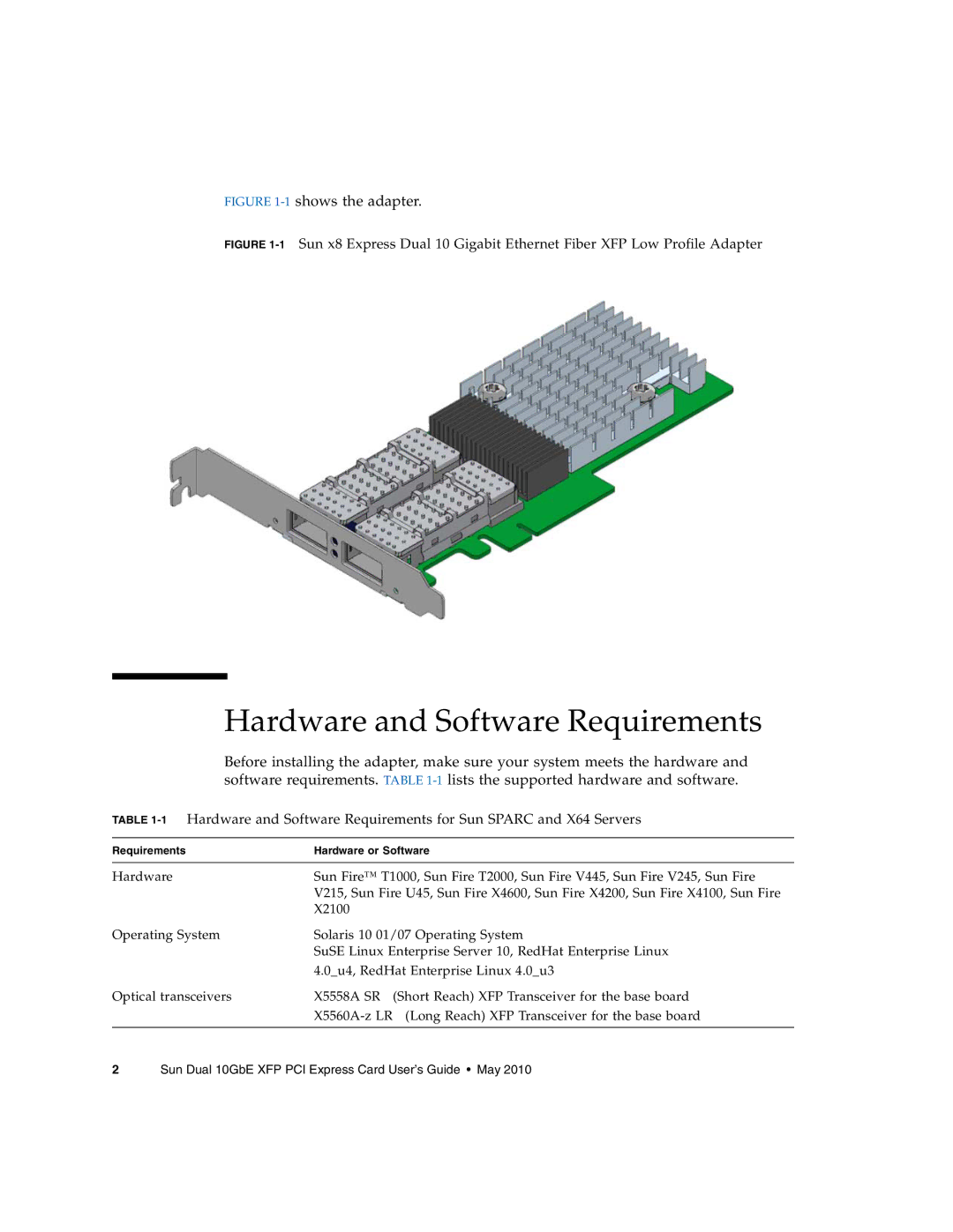 Oracle Audio Technologies SunDual 10GbE XFP manual Hardware and Software Requirements, 1shows the adapter 