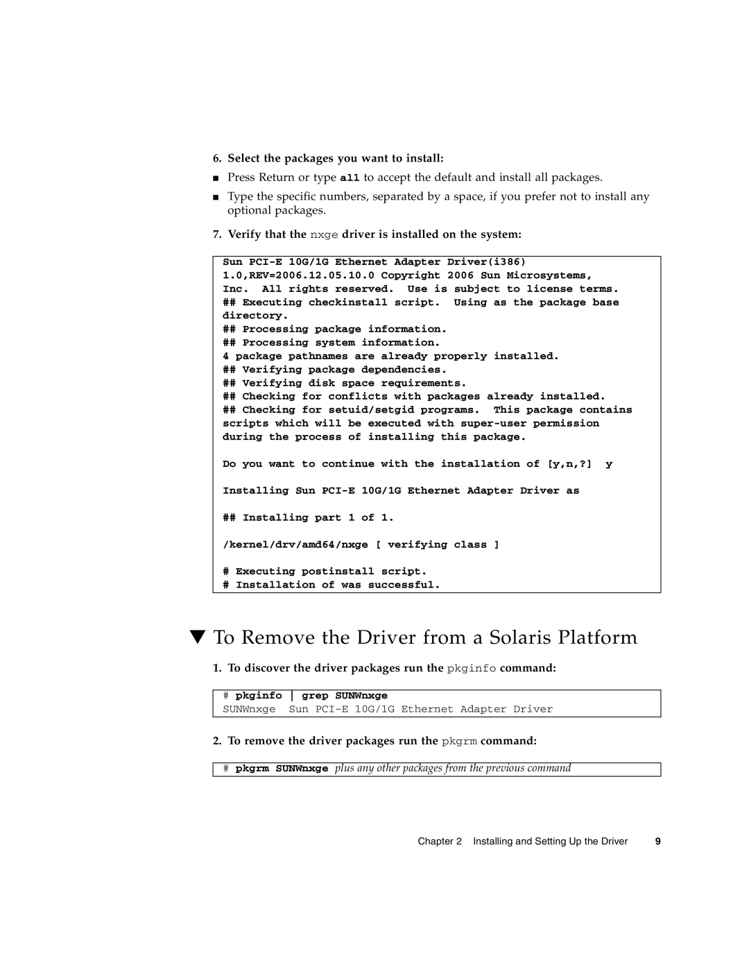 Oracle Audio Technologies SunDual 10GbE XFP manual To Remove the Driver from a Solaris Platform 