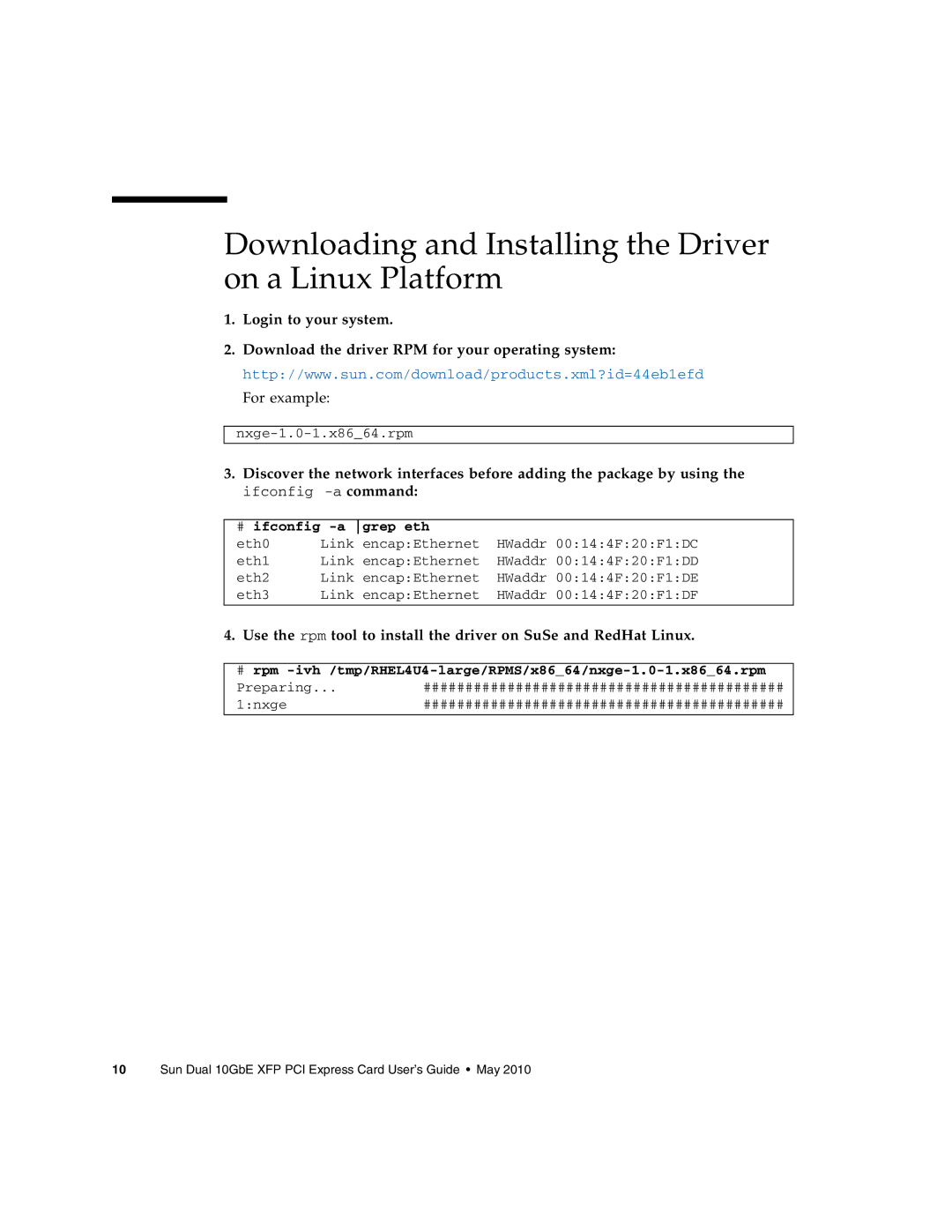 Oracle Audio Technologies SunDual 10GbE XFP manual Downloading and Installing the Driver on a Linux Platform 