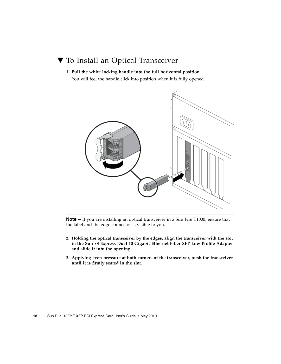 Oracle Audio Technologies SunDual 10GbE XFP manual To Install an Optical Transceiver 