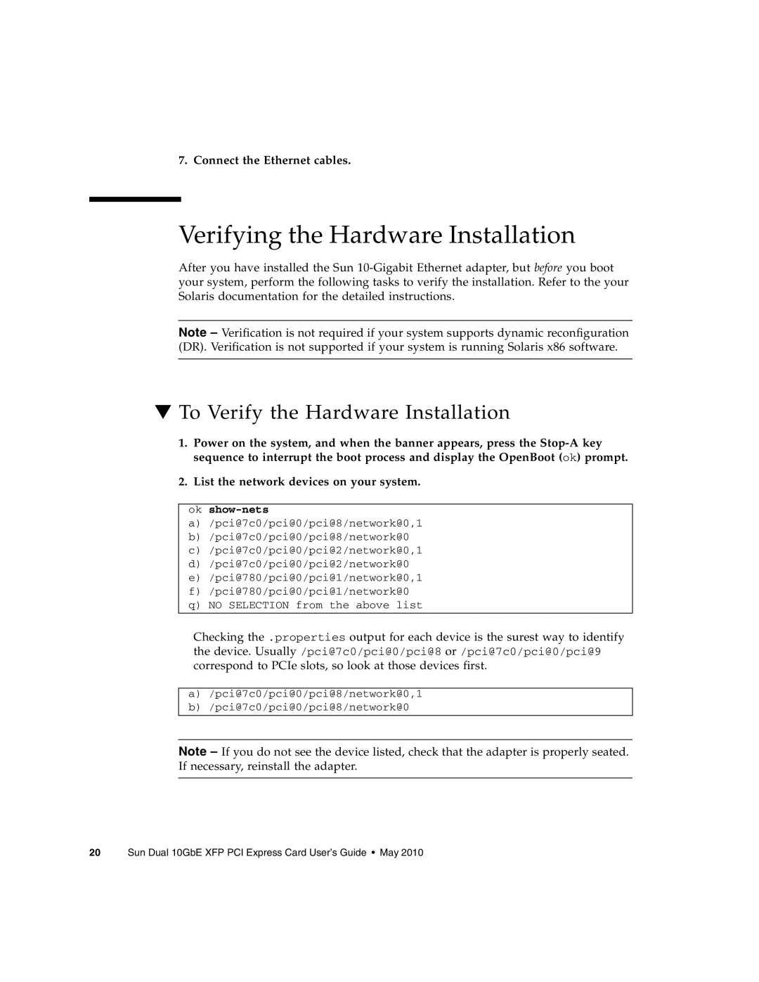 Oracle Audio Technologies SunDual 10GbE XFP manual Verifying the Hardware Installation, To Verify the Hardware Installation 