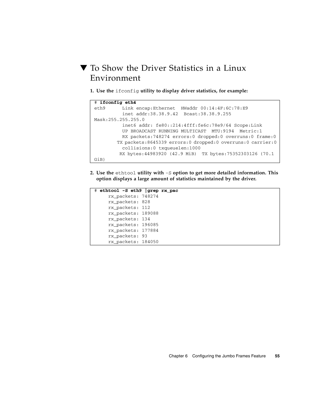 Oracle Audio Technologies SunDual 10GbE XFP manual To Show the Driver Statistics in a Linux Environment, # ifconfig eth4 