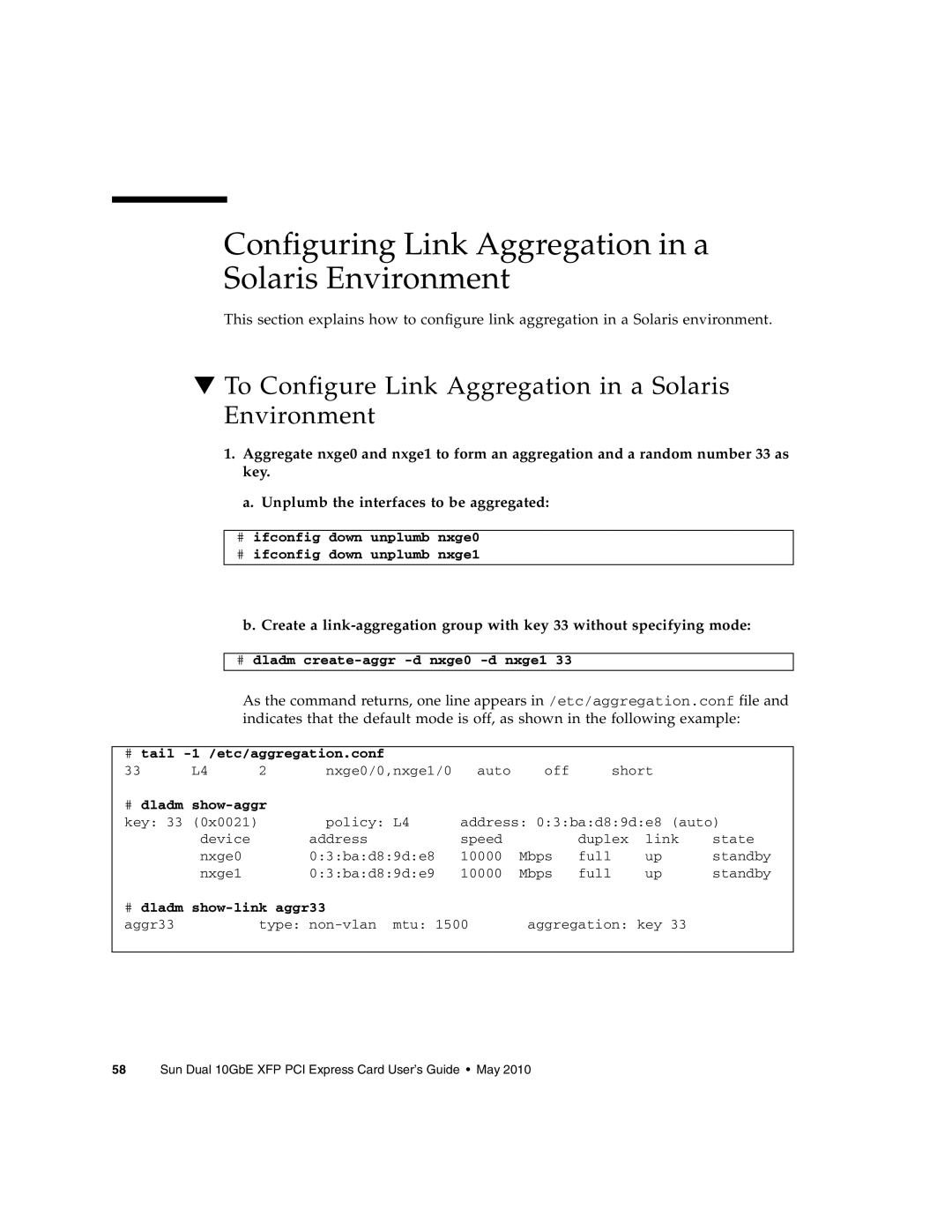 Oracle Audio Technologies SunDual 10GbE XFP manual Configuring Link Aggregation in a Solaris Environment 