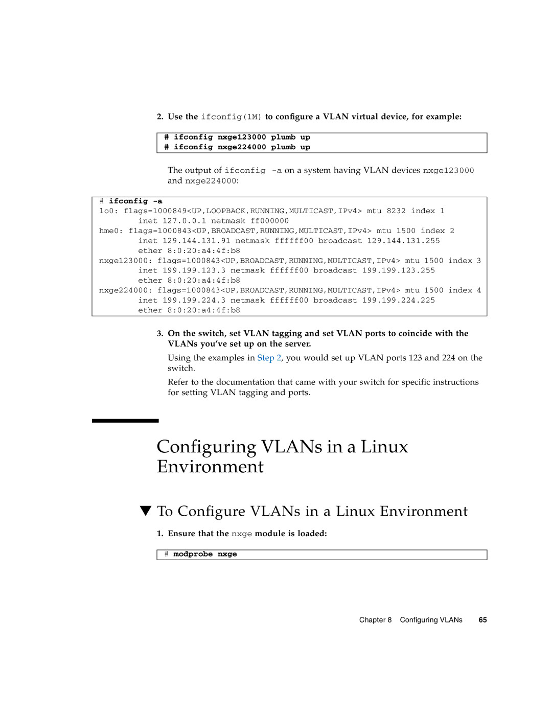 Oracle Audio Technologies SunDual 10GbE XFP manual Configuring VLANs in a Linux Environment, # ifconfig -a 