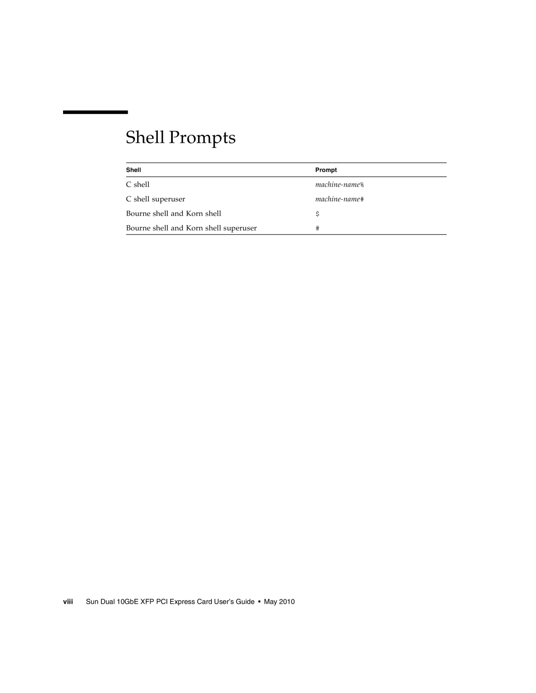 Oracle Audio Technologies SunDual 10GbE XFP manual Shell Prompts 