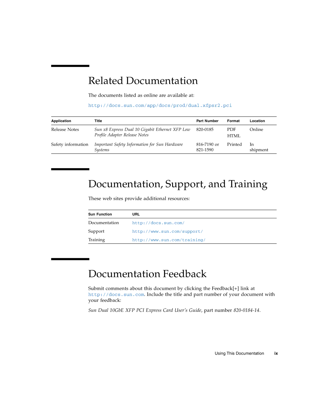 Oracle Audio Technologies SunDual 10GbE XFP manual Related Documentation, Documentation, Support, and Training 