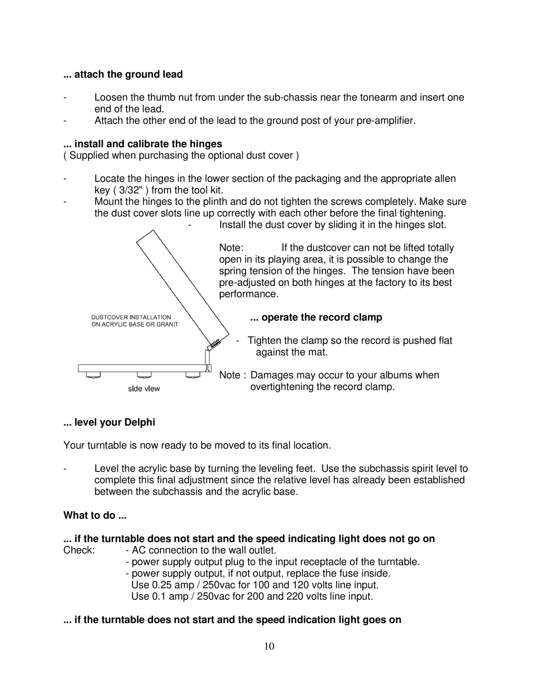 Oracle Audio Technologies V owner manual Attach the ground lead, Install and calibrate the hinges, Operate the record clamp 