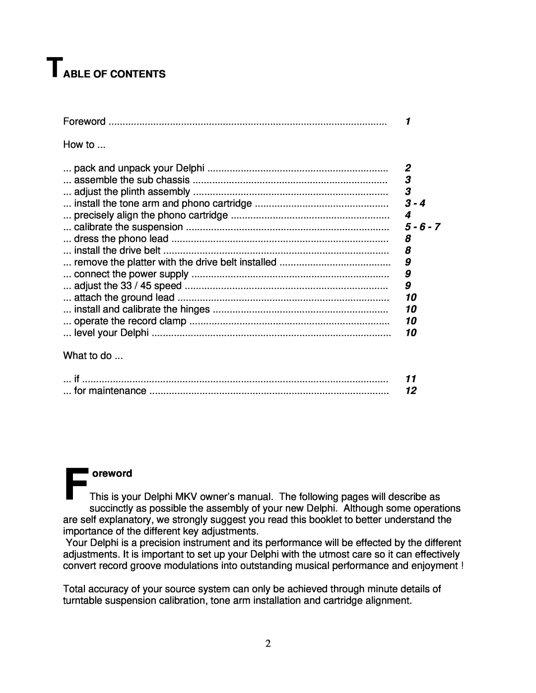 Oracle Audio Technologies V owner manual Table Of Contents, Foreword 