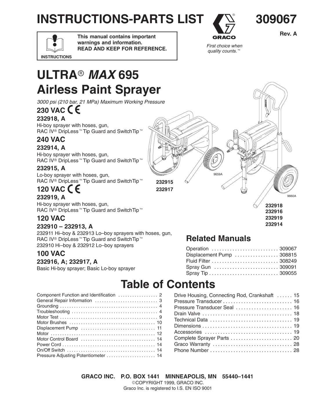 Oracom MAX 695 dimensions 309067, ULTRAr MAX Airless Paint Sprayer 