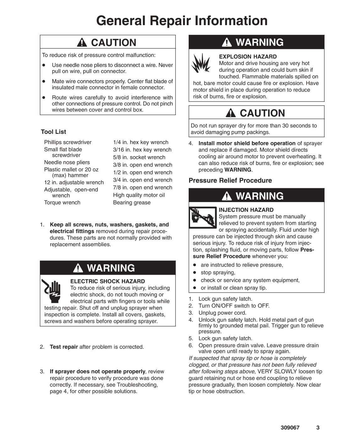 Oracom MAX 695 dimensions General Repair Information, Pressure Relief Procedure, Electric Shock Hazard, Explosion Hazard 