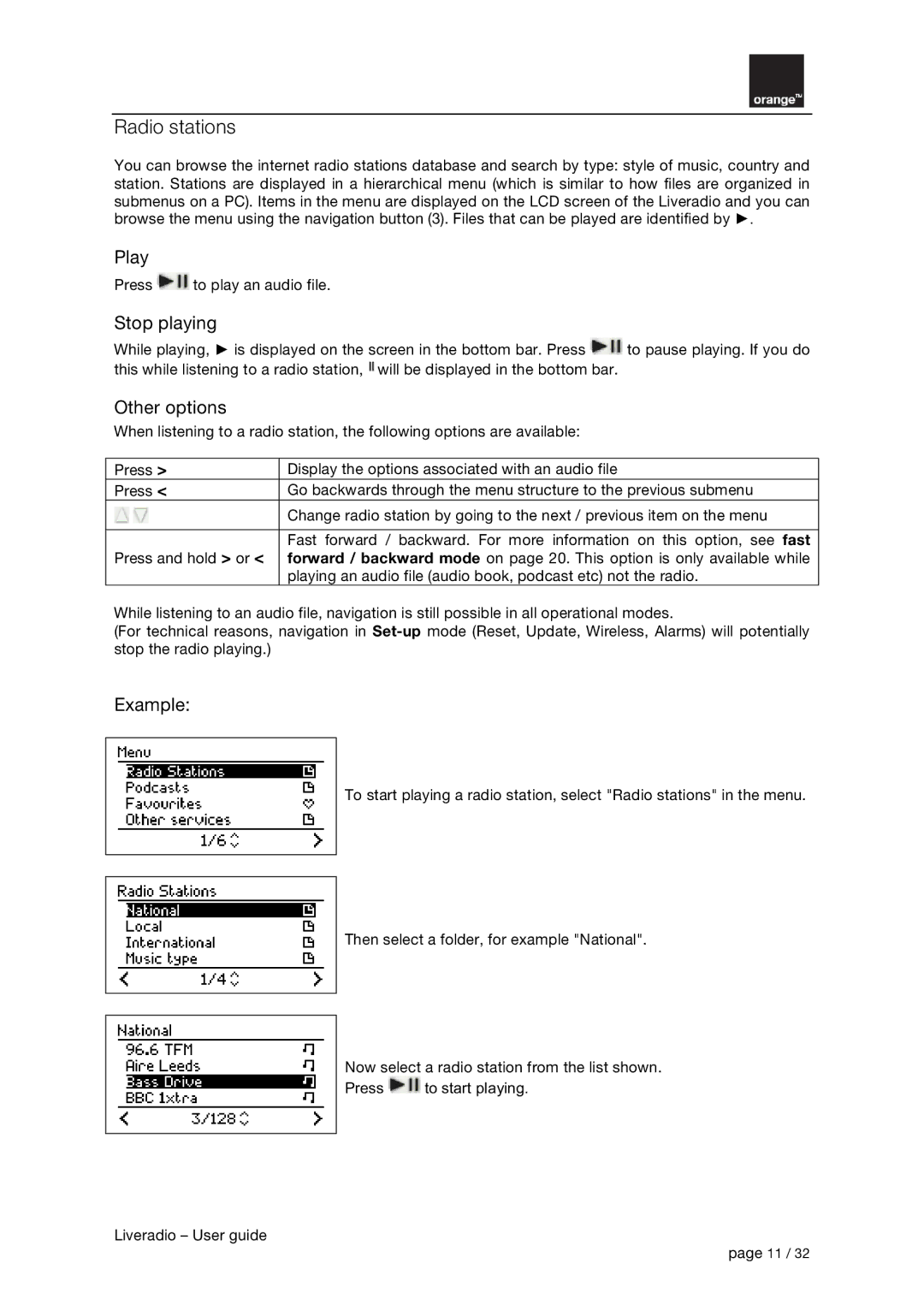 Orange Micro B31100004-B manual Radio stations, Play, Stop playing, Other options, Example 