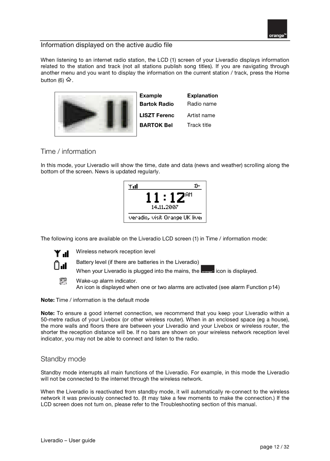 Orange Micro B31100004-B manual Time / information, Standby mode, Information displayed on the active audio file 