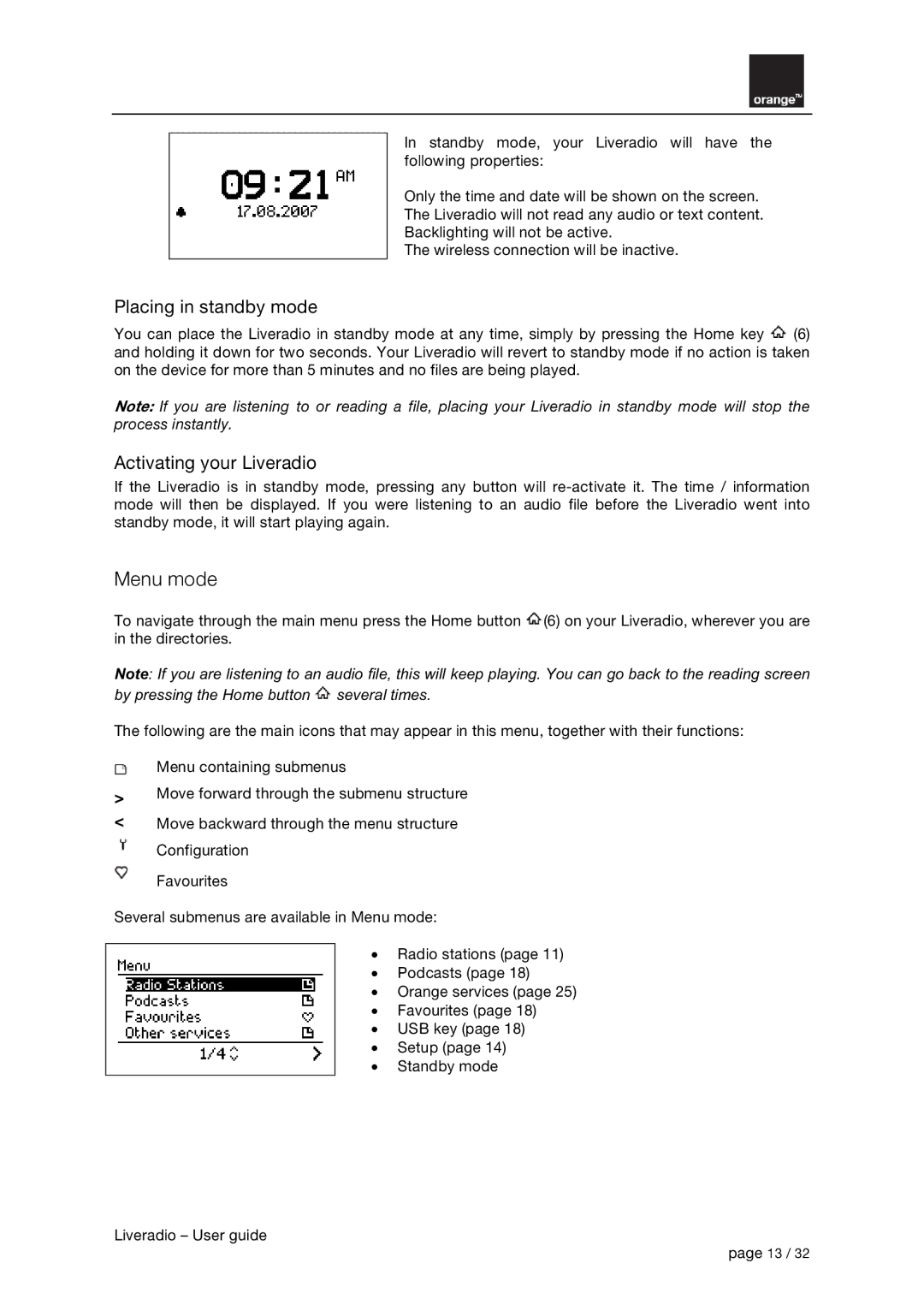Orange Micro B31100004-B manual Menu mode, Placing in standby mode, Activating your Liveradio 