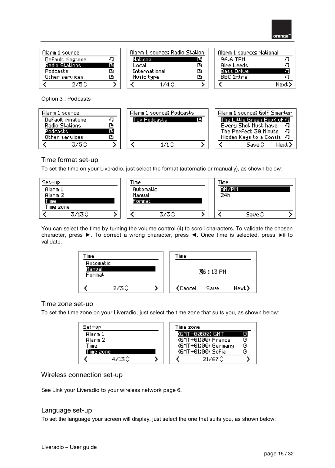 Orange Micro B31100004-B manual Time format set-up, Time zone set-up, Wireless connection set-up, Language set-up 