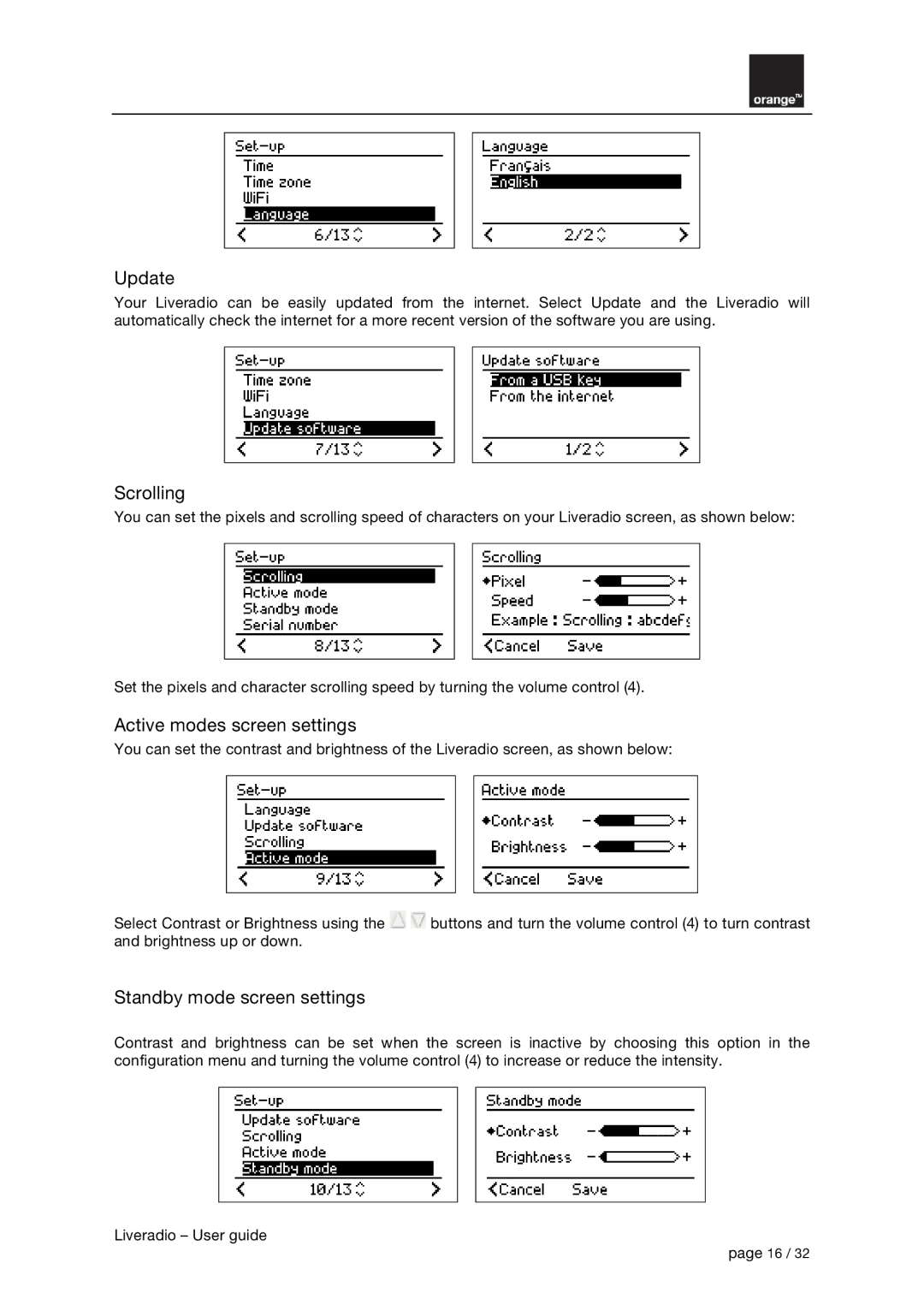 Orange Micro B31100004-B manual Update, Scrolling, Active modes screen settings, Standby mode screen settings 