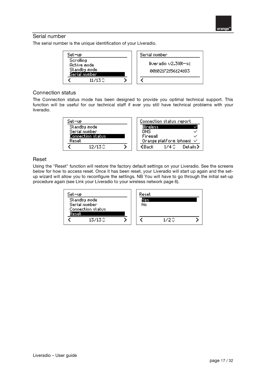 Orange Micro B31100004-B manual Serial number, Connection status, Reset 