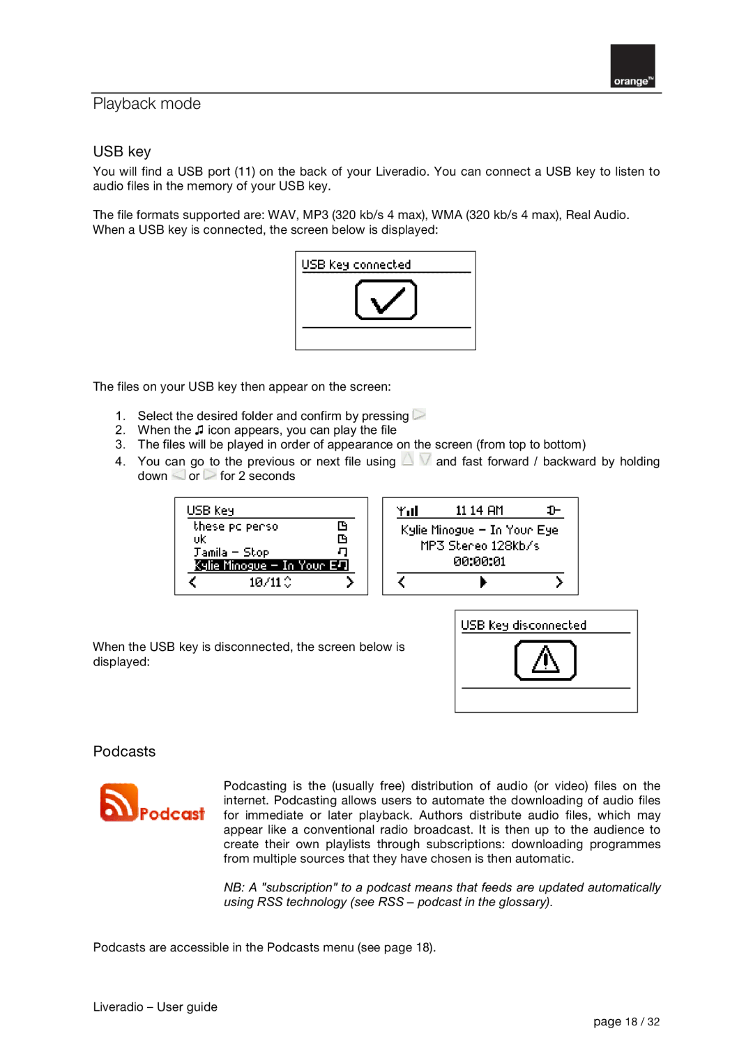 Orange Micro B31100004-B manual Playback mode, USB key, Podcasts 