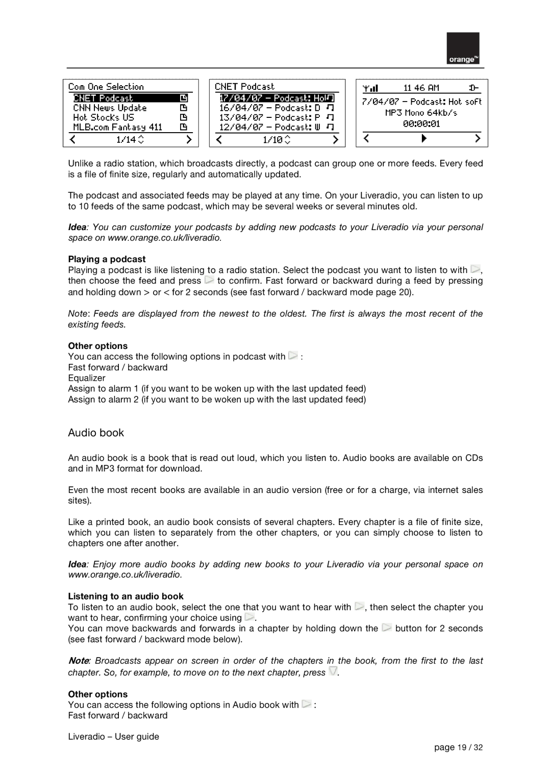 Orange Micro B31100004-B manual Audio book, Playing a podcast 