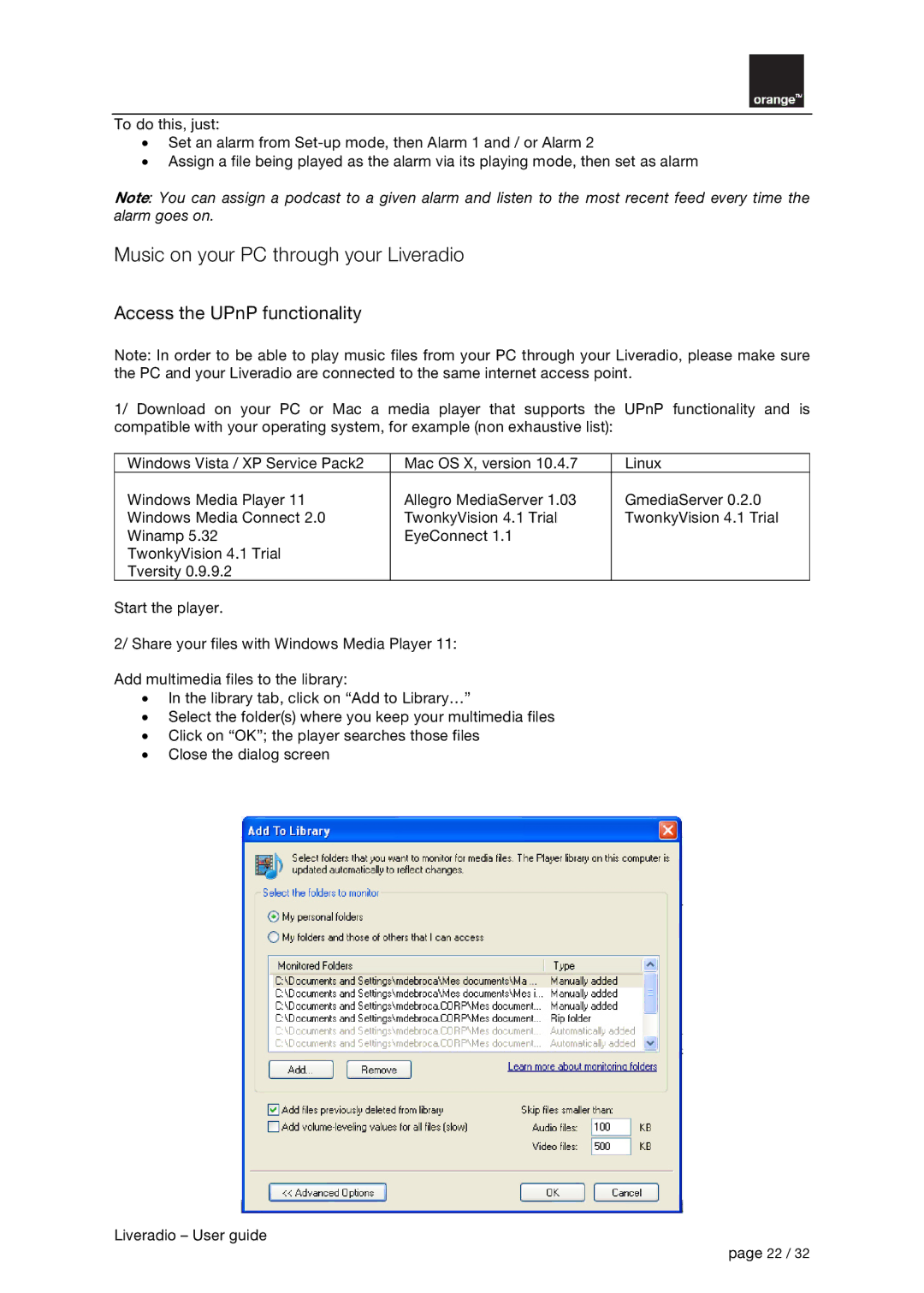 Orange Micro B31100004-B manual Music on your PC through your Liveradio, Access the UPnP functionality 