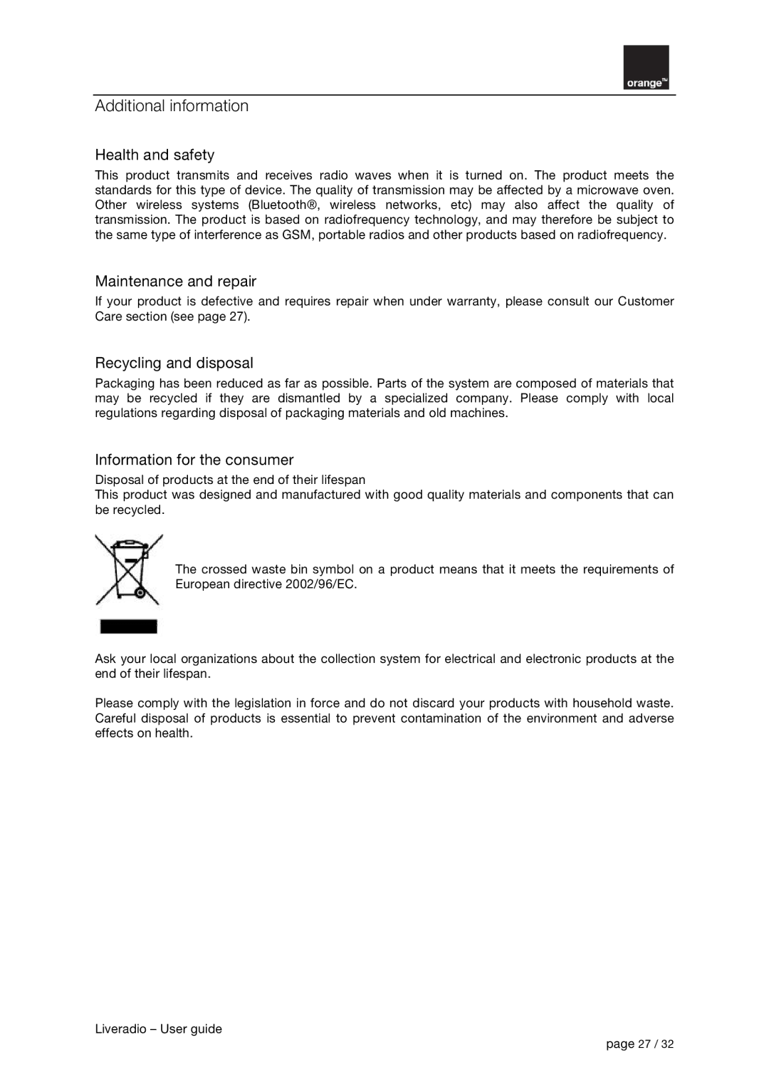 Orange Micro B31100004-B manual Additional information, Health and safety, Maintenance and repair, Recycling and disposal 