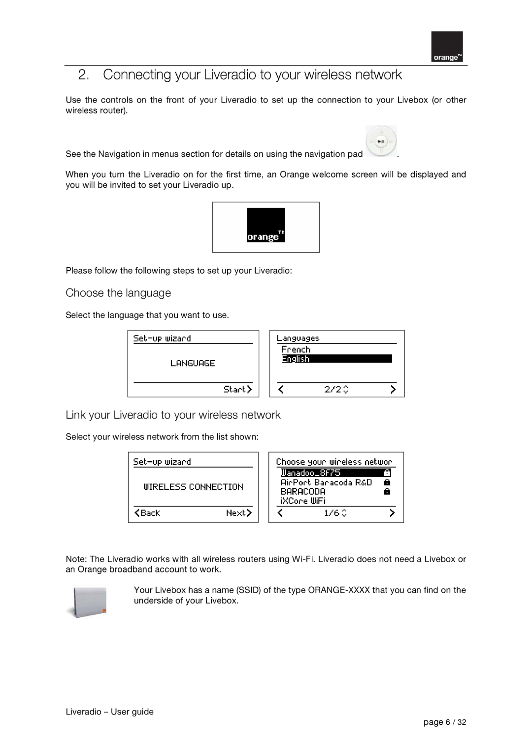 Orange Micro B31100004-B manual Choose the language, Link your Liveradio to your wireless network 