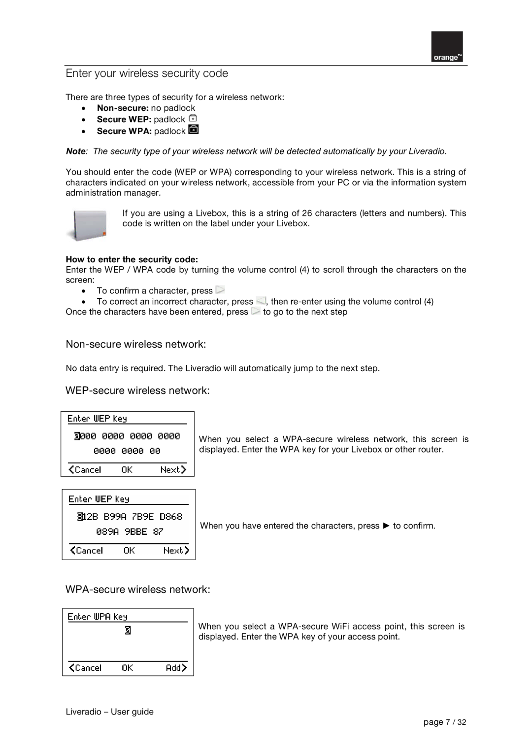 Orange Micro B31100004-B manual Enter your wireless security code, Non-secure wireless network, WEP-secure wireless network 