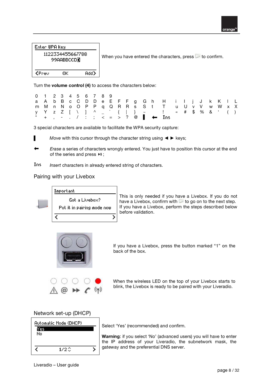 Orange Micro B31100004-B manual Pairing with your Livebox, Network set-up Dhcp 