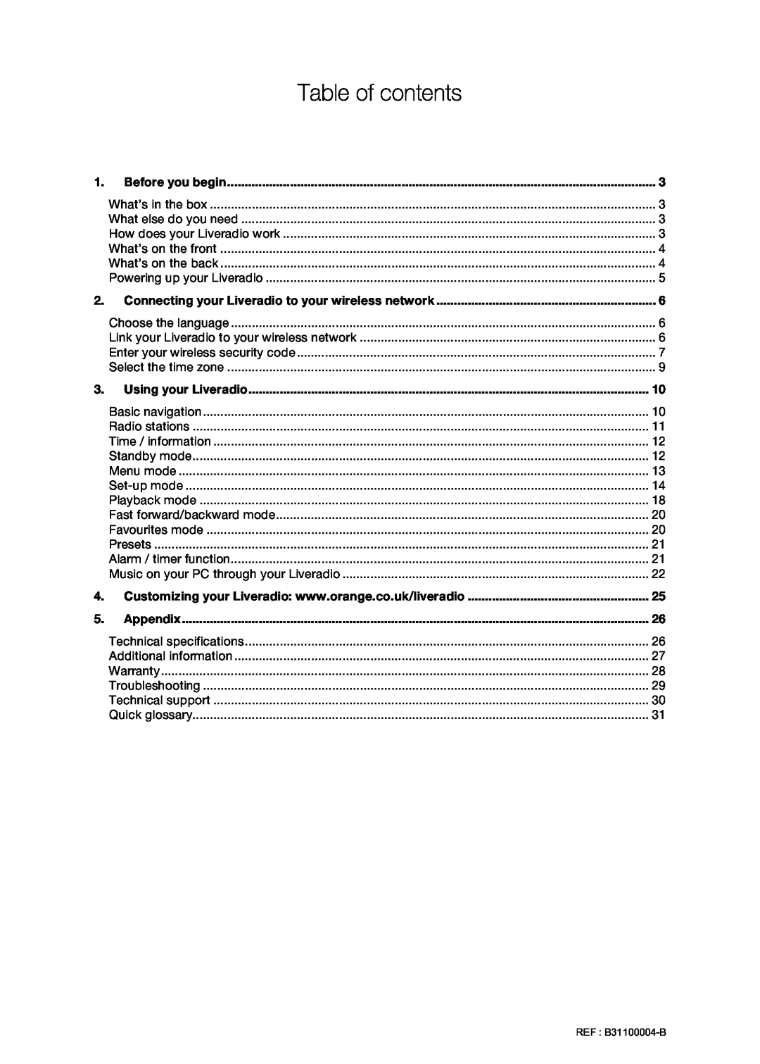 Orange Micro B31100004-B manual Table of contents, Before you begin, Using your Liveradio, Appendix 