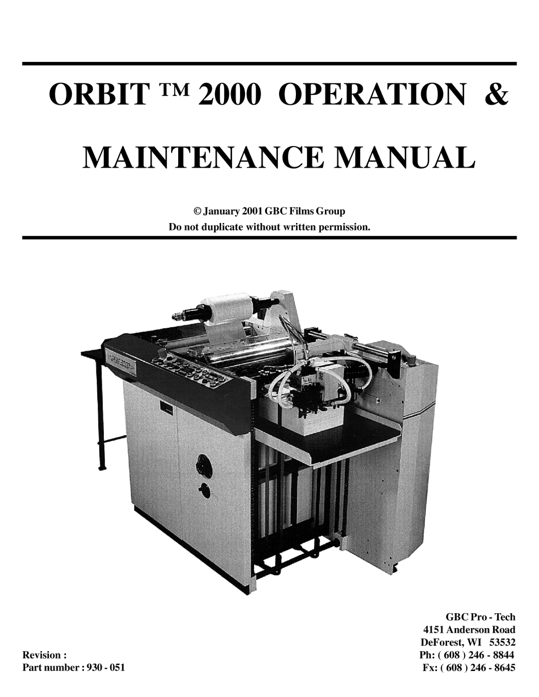 Orbit Manufacturing manual Orbit 2000 Operation Maintenance Manual 