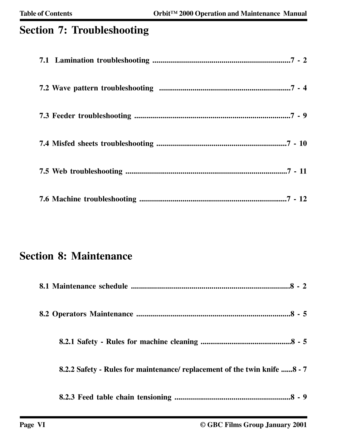 Orbit Manufacturing 2000 manual Troubleshooting, Maintenance, Lamination troubleshooting 