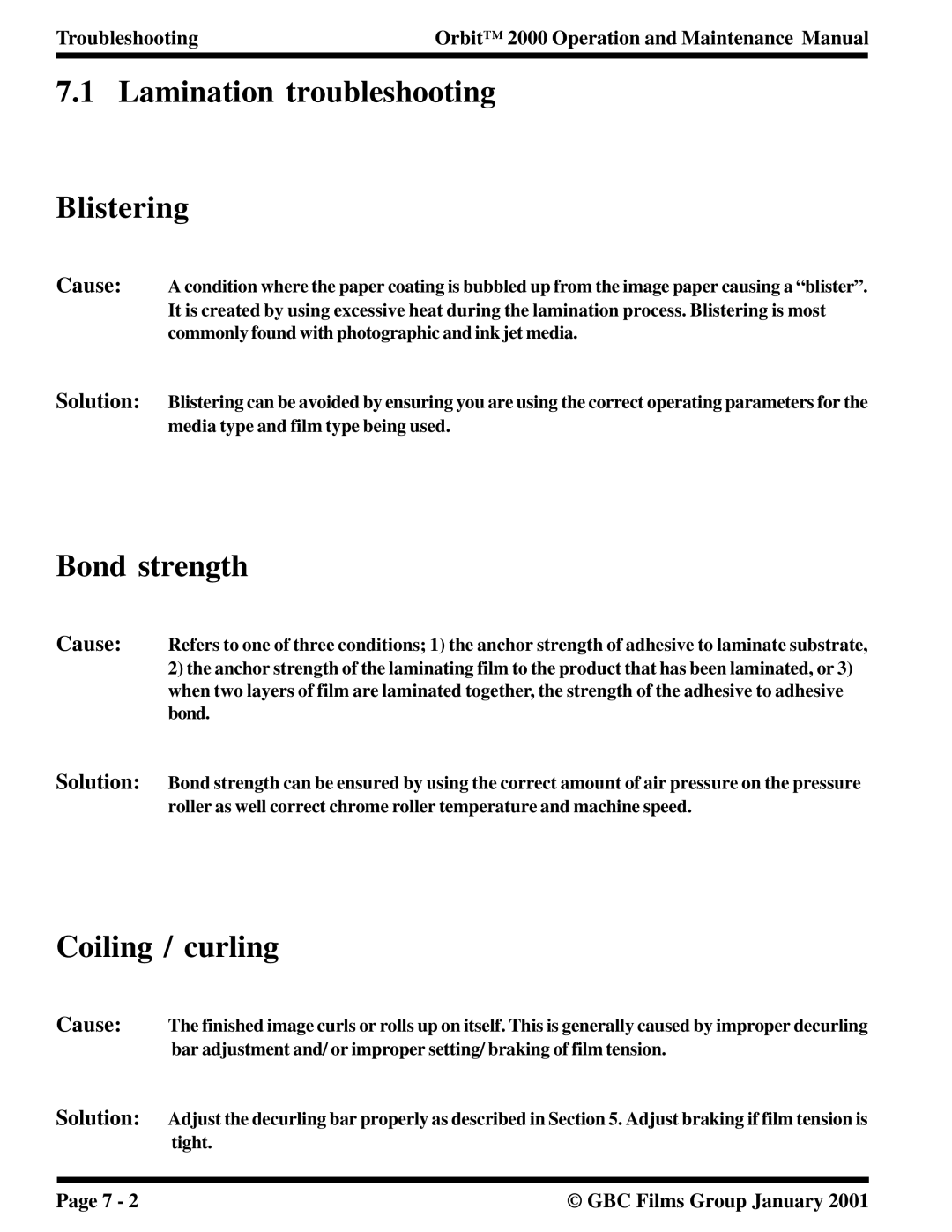 Orbit Manufacturing 2000 manual Lamination troubleshooting Blistering, Bond strength, Coiling / curling 