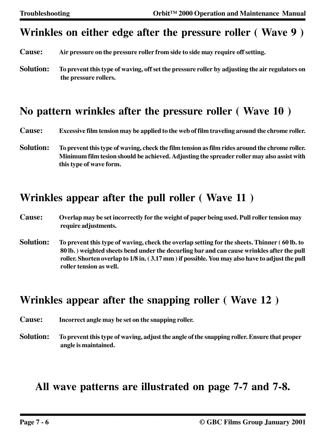 Orbit Manufacturing 2000 manual Wrinkles on either edge after the pressure roller Wave 