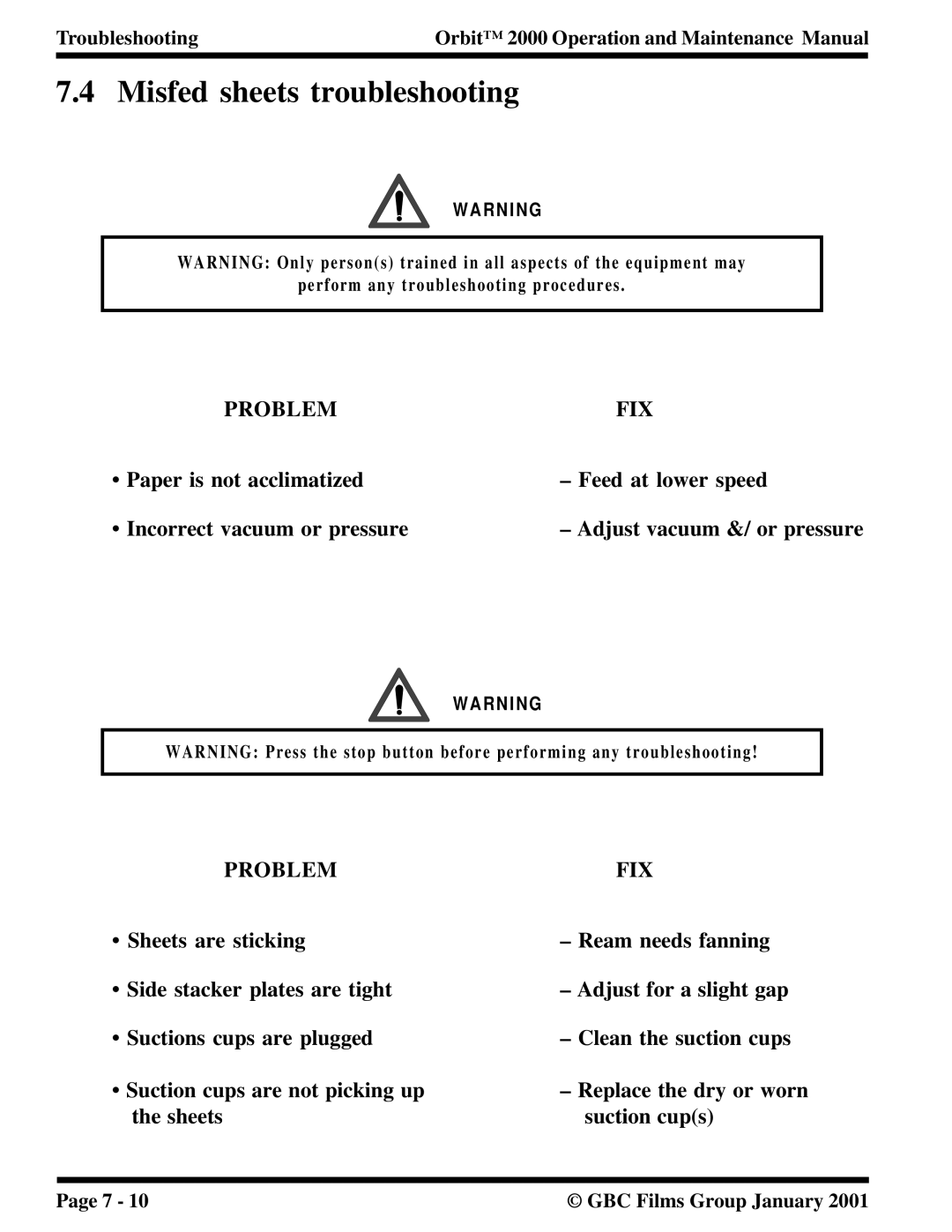 Orbit Manufacturing 2000 manual Misfed sheets troubleshooting, Sheets Suction cups 