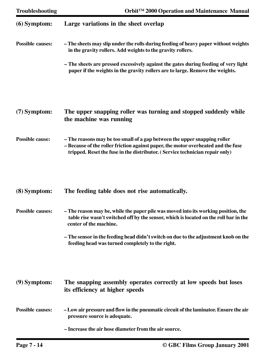 Orbit Manufacturing 2000 Symptom Large variations in the sheet overlap, Symptom Feeding table does not rise automatically 