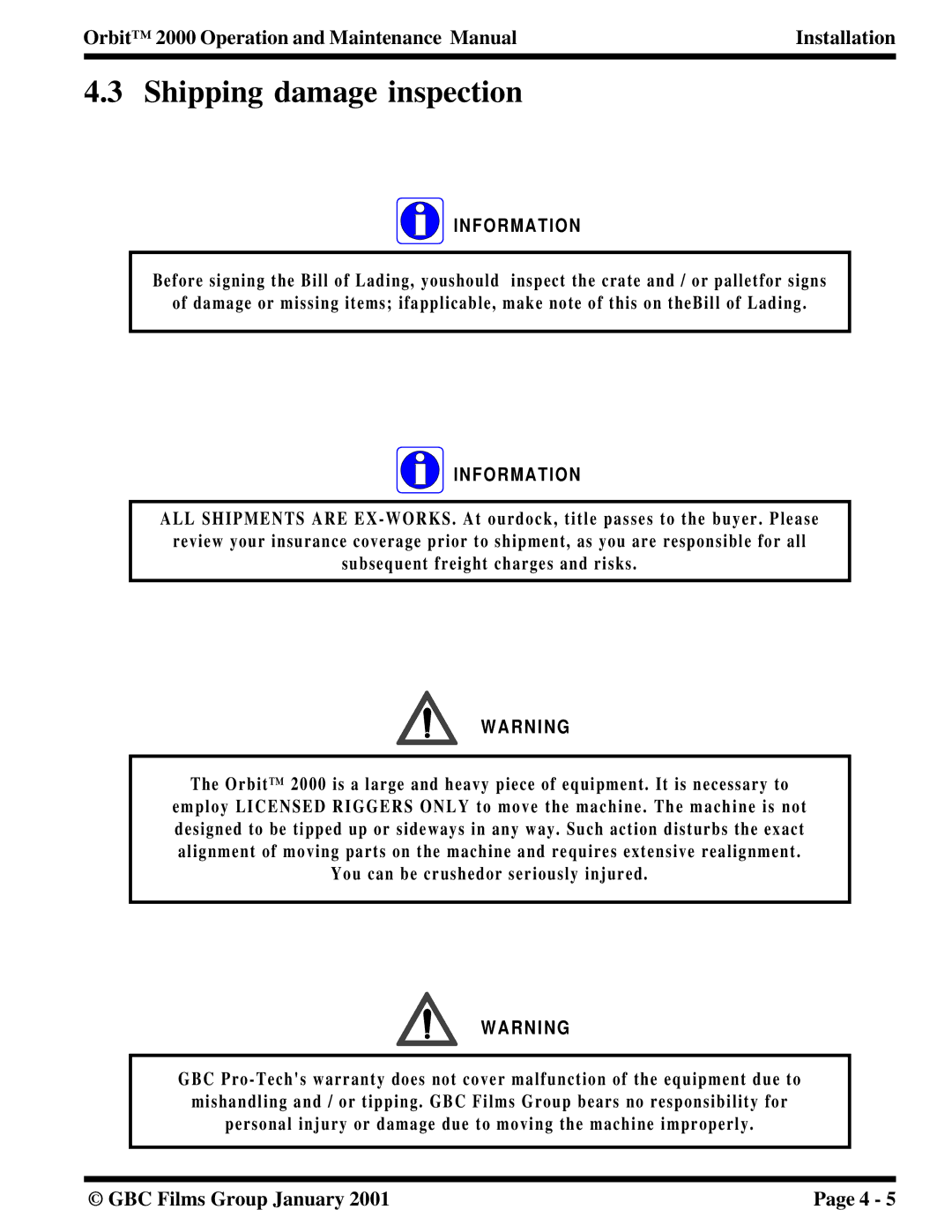 Orbit Manufacturing 2000 manual Shipping damage inspection, Information 