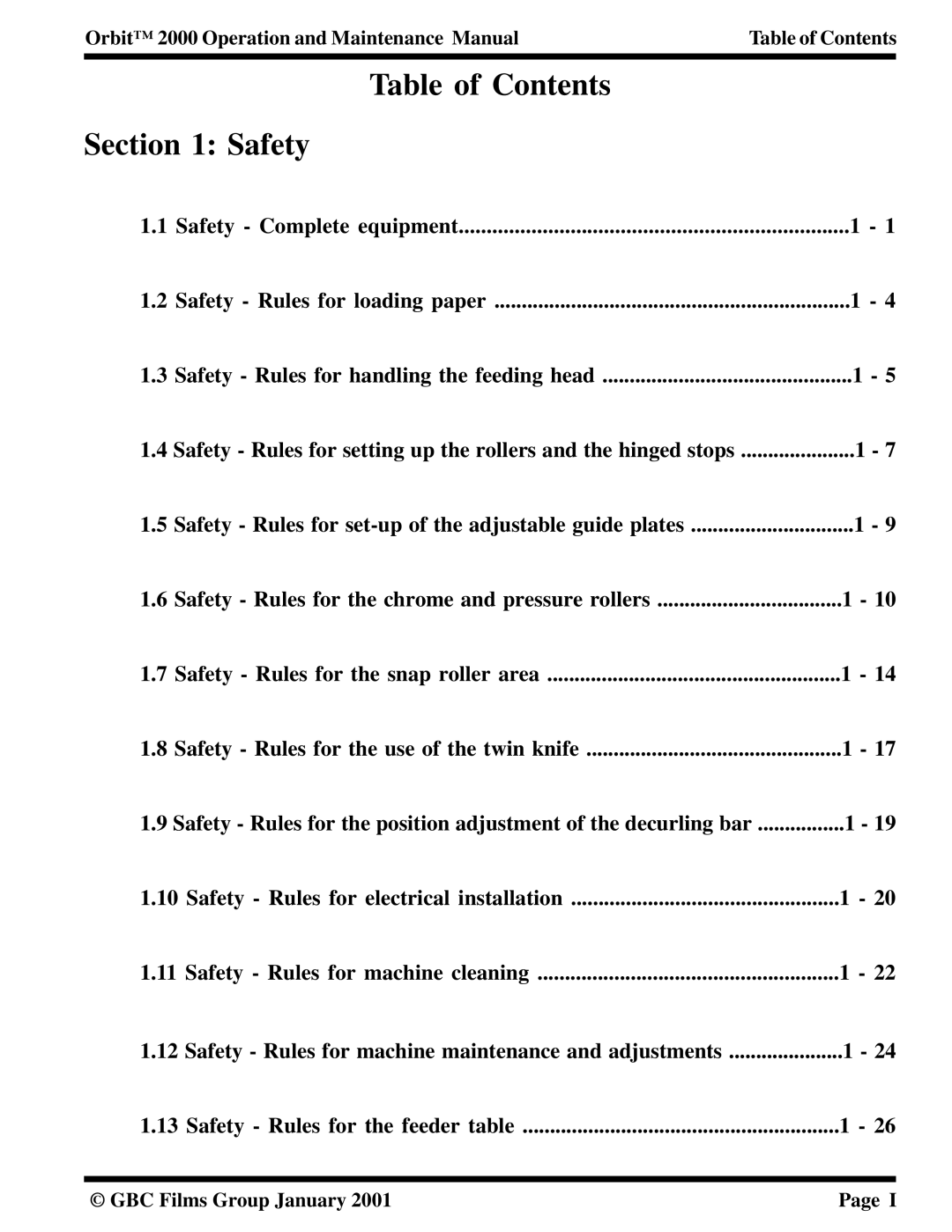 Orbit Manufacturing 2000 manual Table of Contents Safety 