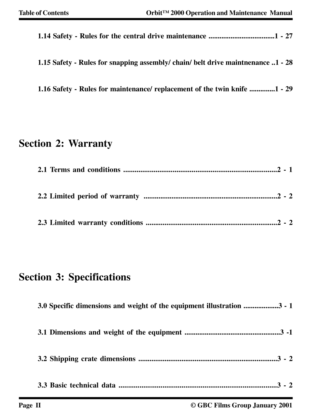 Orbit Manufacturing 2000 manual Warranty, Specifications 