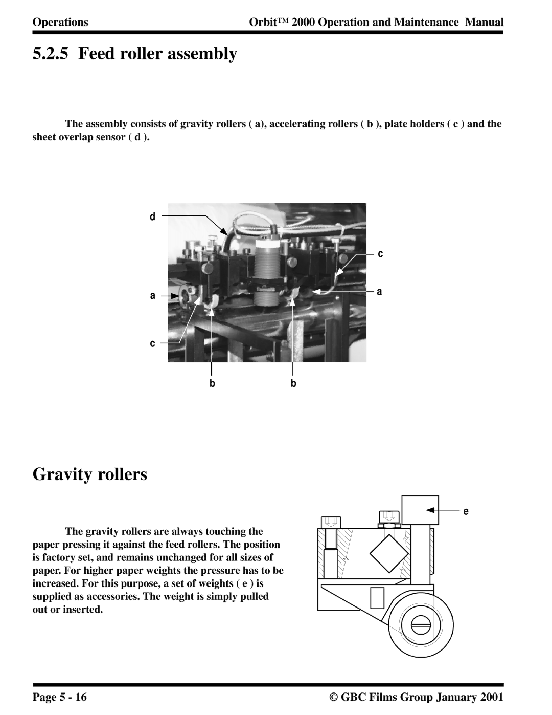 Orbit Manufacturing 2000 manual Feed roller assembly, Gravity rollers 