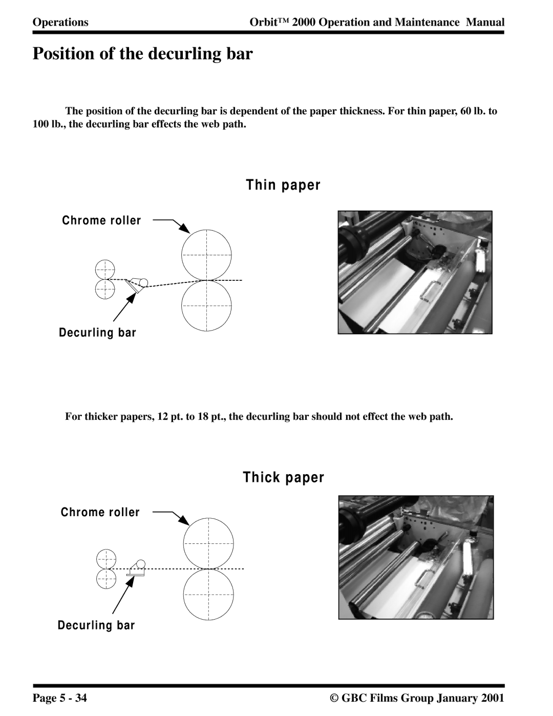 Orbit Manufacturing 2000 manual Position of the decurling bar, Thin paper 