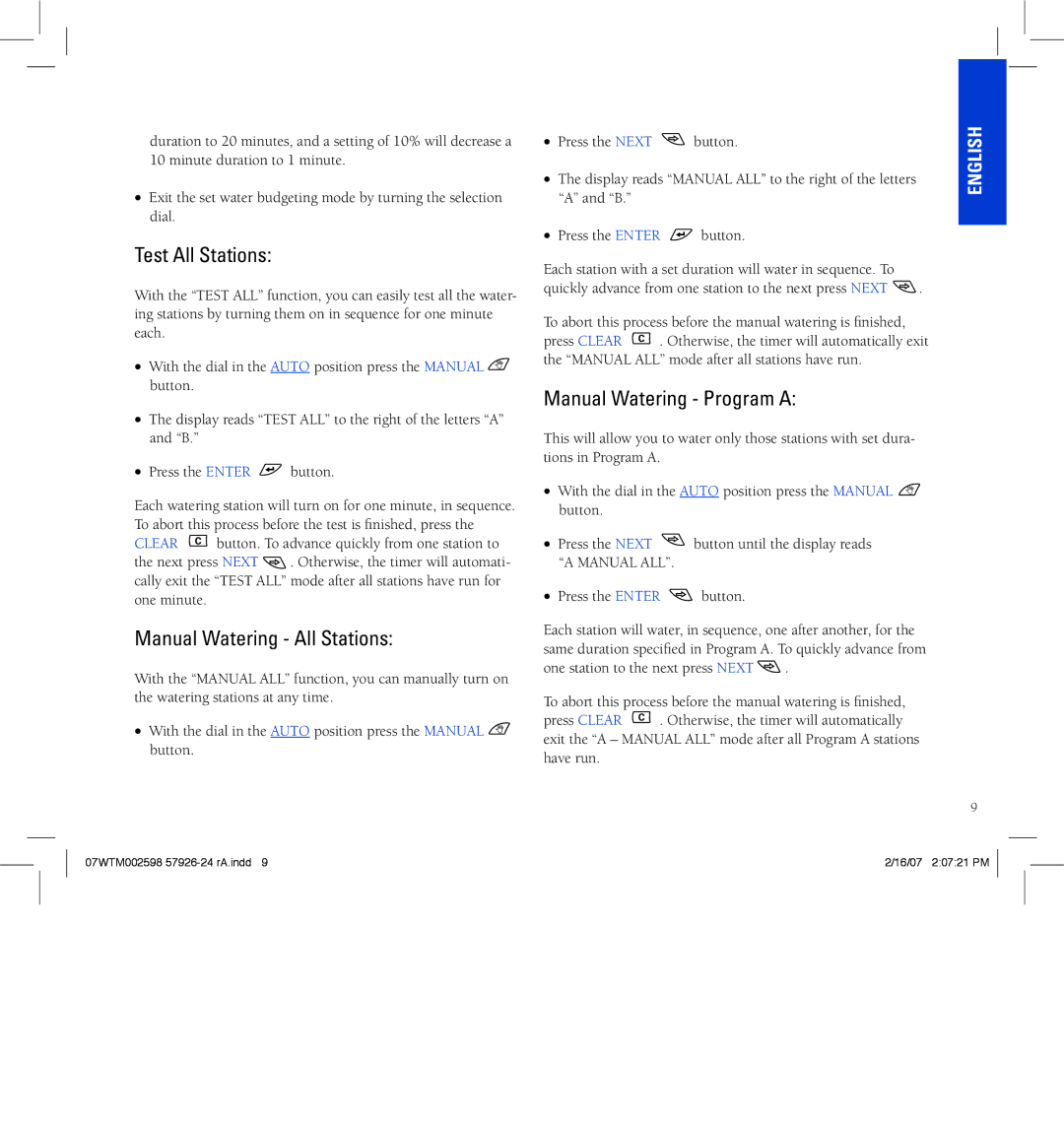 Orbit Manufacturing 91916, 57916, p 801 295 9820 Test All Stations, Manual Watering All Stations, Manual Watering Program a 