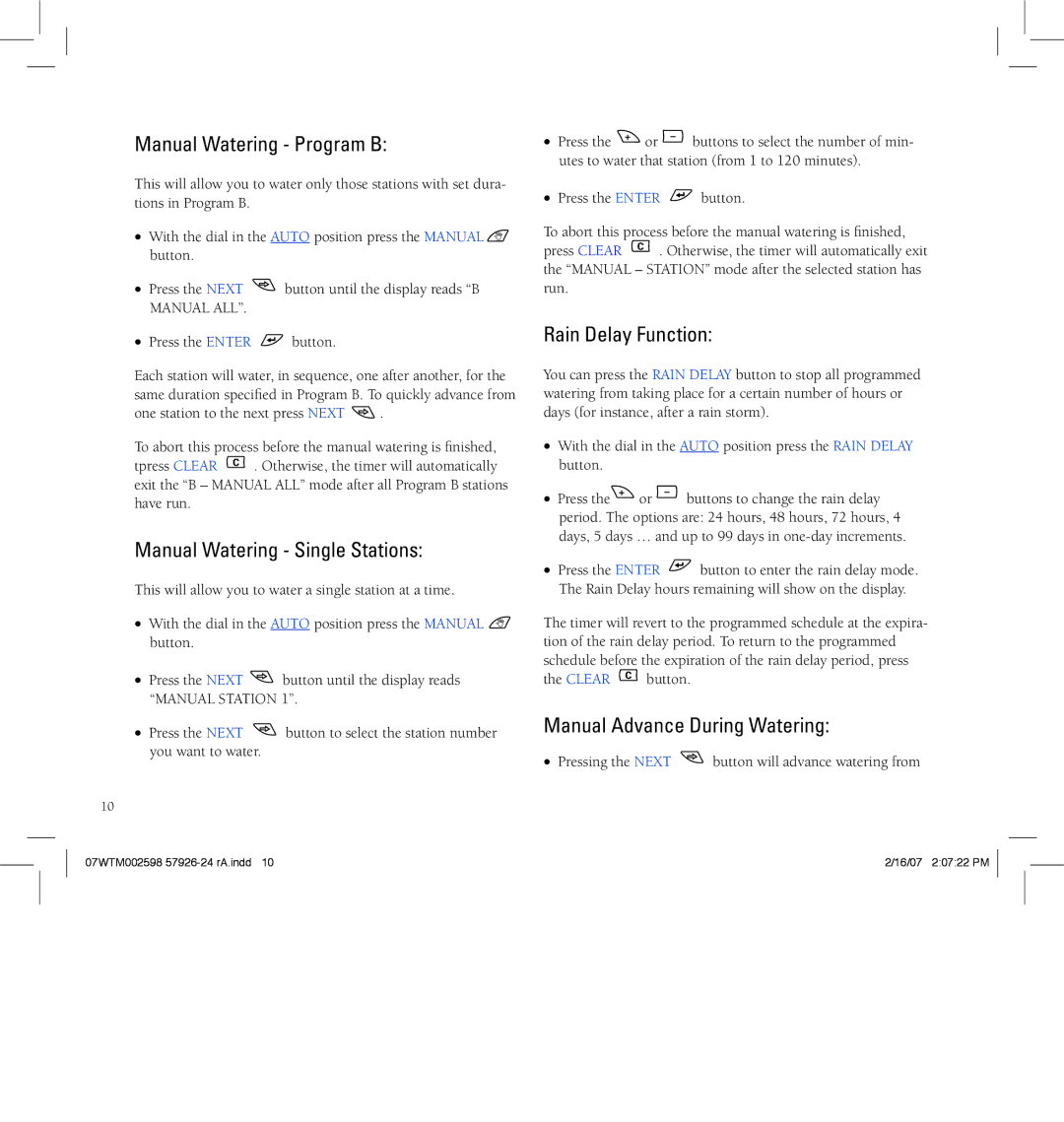 Orbit Manufacturing 57916, 91916, 57912 Manual Watering Program B, Rain Delay Function, Manual Watering Single Stations 