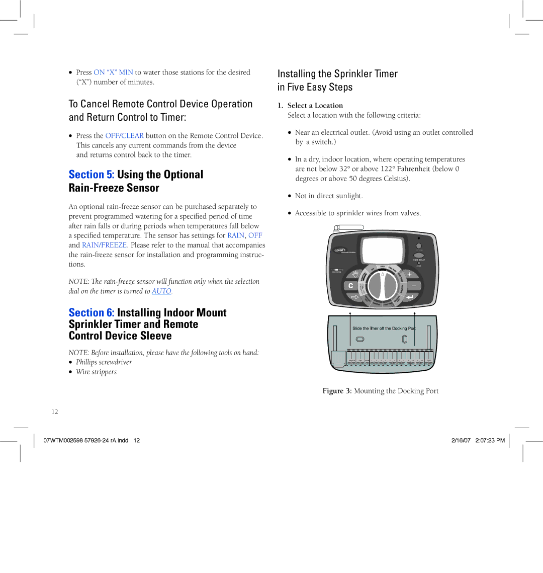 Orbit Manufacturing 57912, 91916 Using the Optional Rain-Freeze Sensor, Installing the Sprinkler Timer Five Easy Steps 