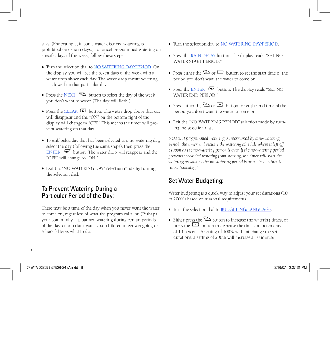 Orbit Manufacturing 91912, 91916, 57916 manual To Prevent Watering During a Particular Period of the Day, Set Water Budgeting 