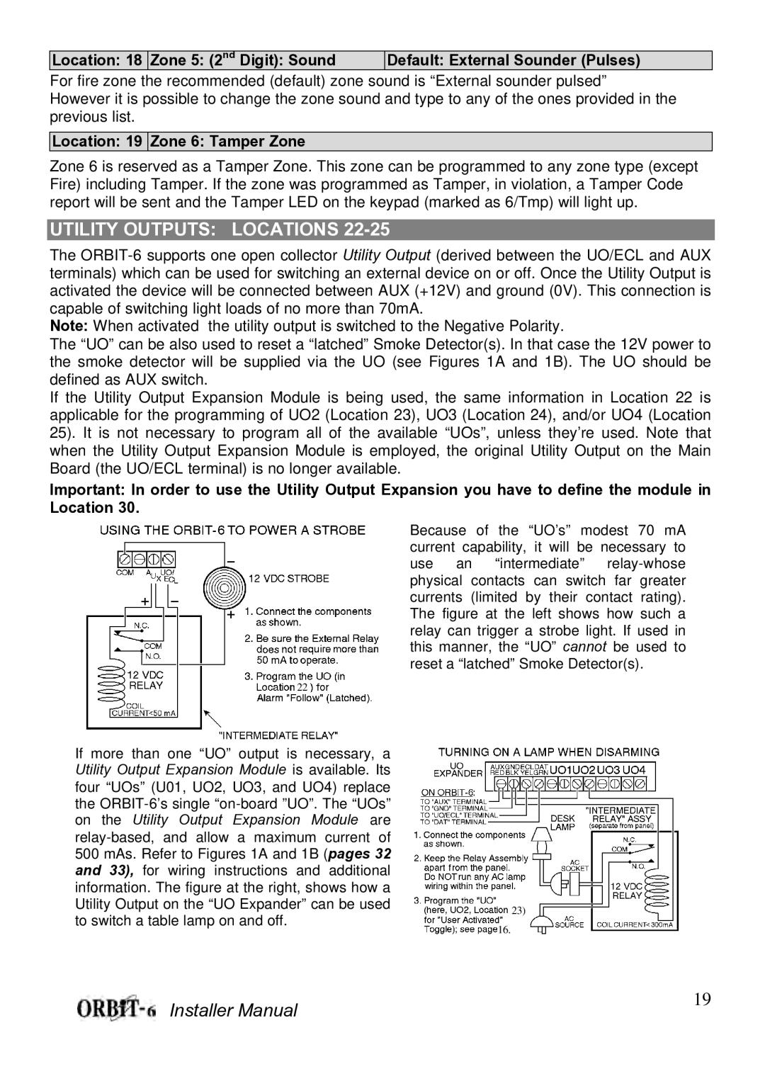 Orbit Manufacturing ORBIT-6 RP-206 manual Utility Outputs Locations, Location 19 Zone 6 Tamper Zone 